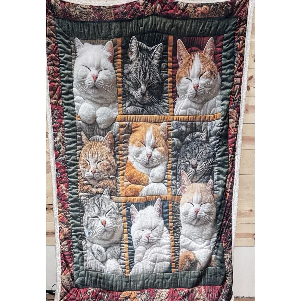 Sleeping‎ Cats Sherpa Fleece Blanket Patchwork Kitten Print Oversized Cozy Throw